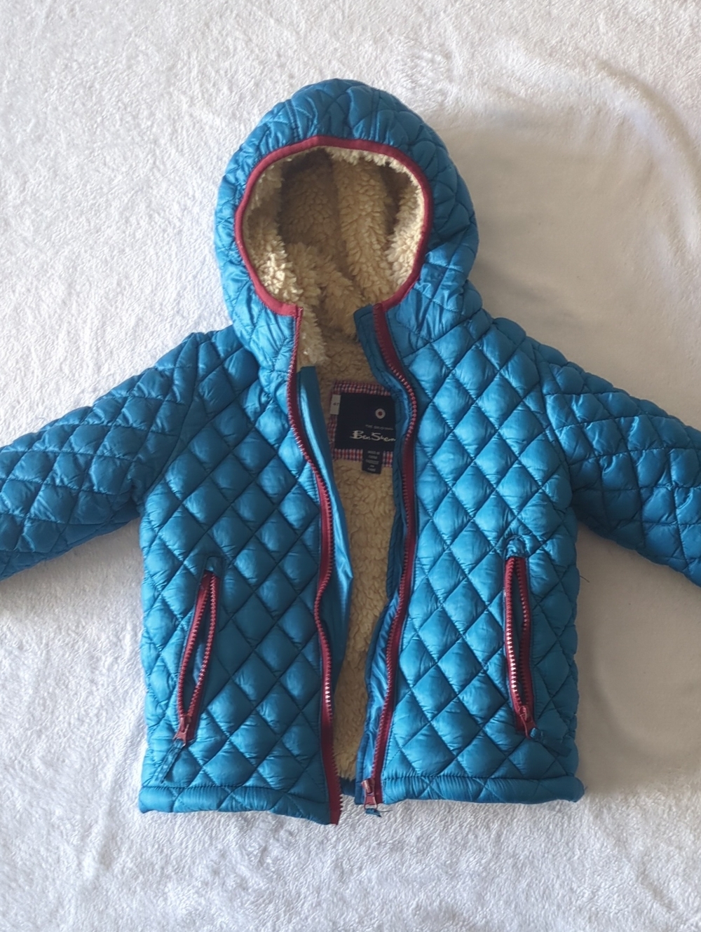 Ben Sherman Kids Quilted Hooded Puffer Jacket in Teal with Red Trim